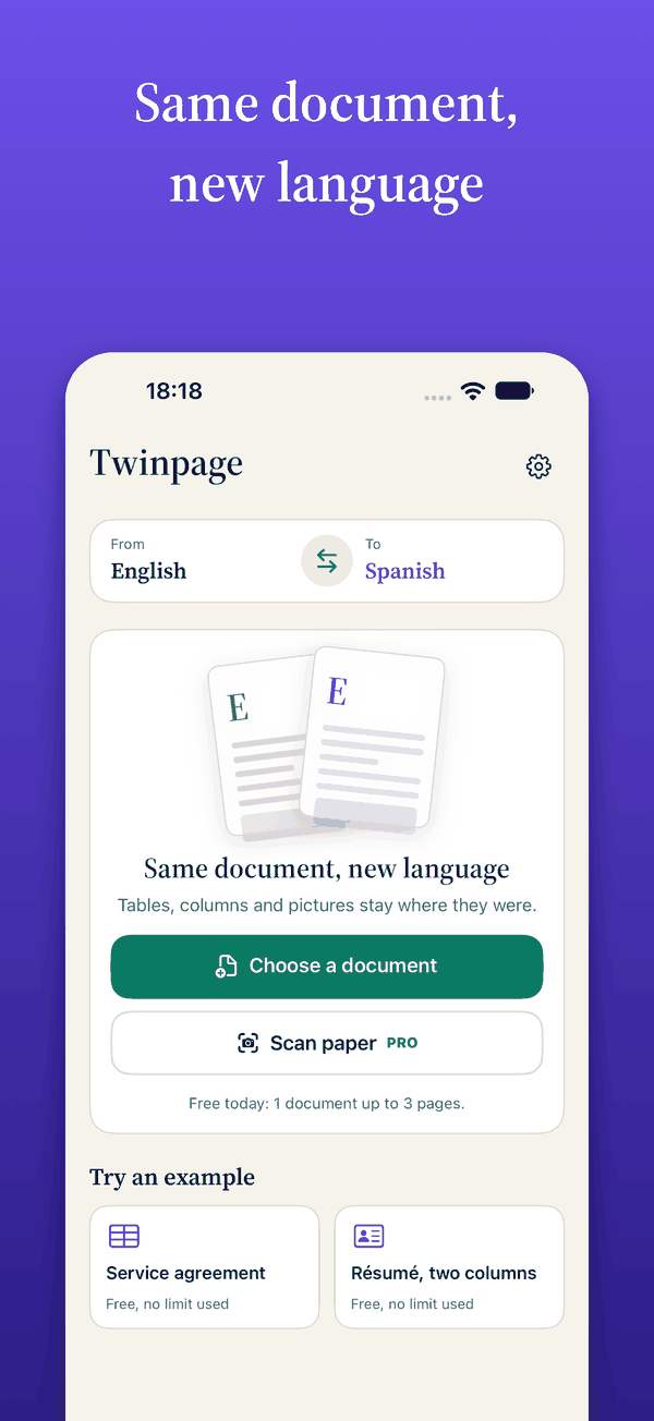 Twinpage home screen with the language pair and the Choose document button